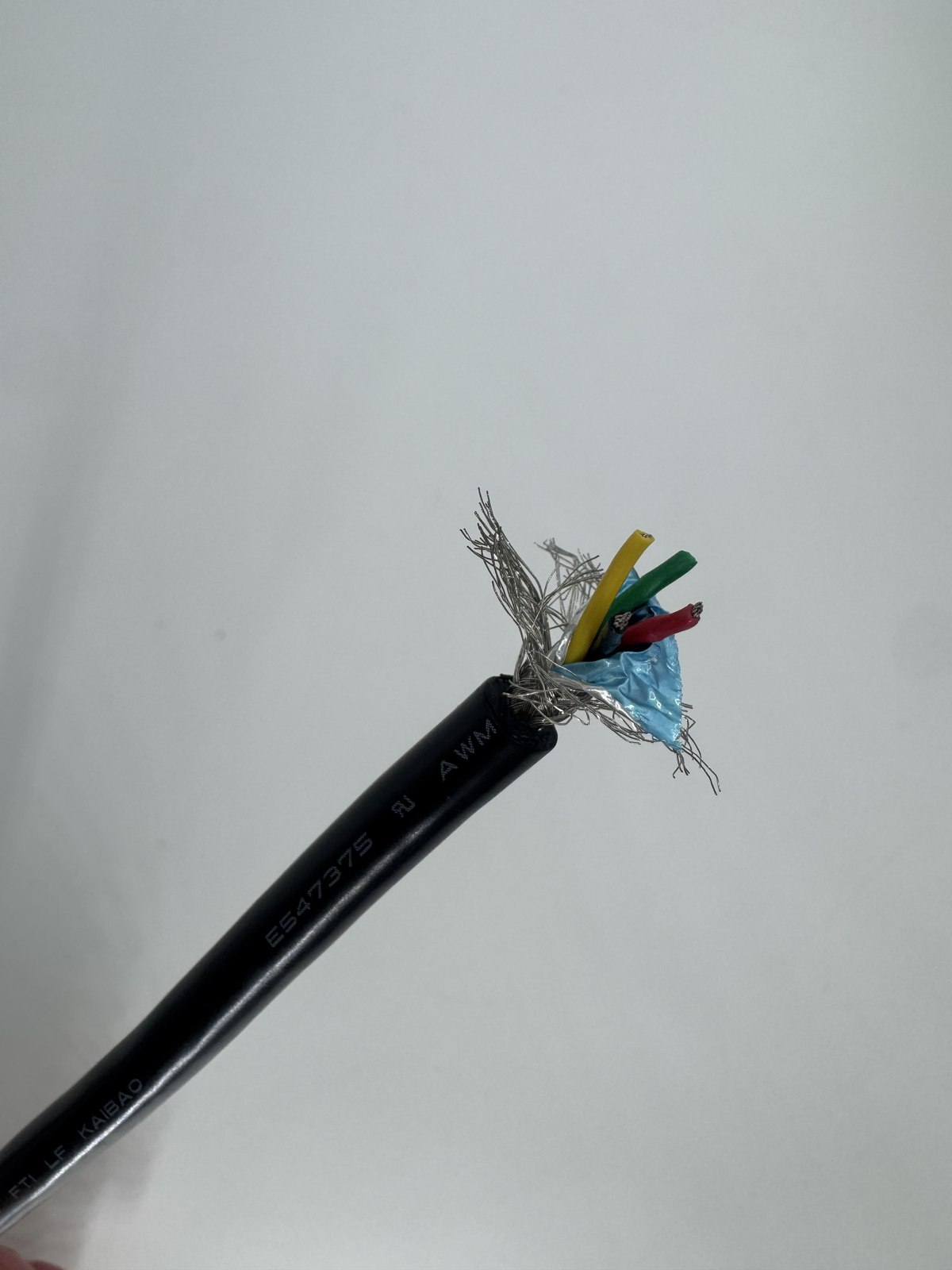 Actual multicore cable showing conductor strands, insulated cores, shield and jacket